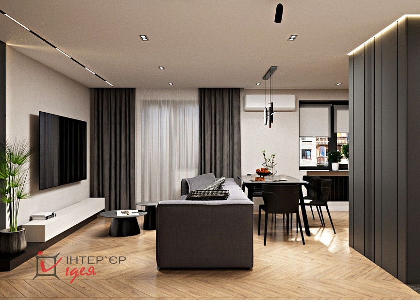 Контрастная кухня-гостиная в стиле контемпорари