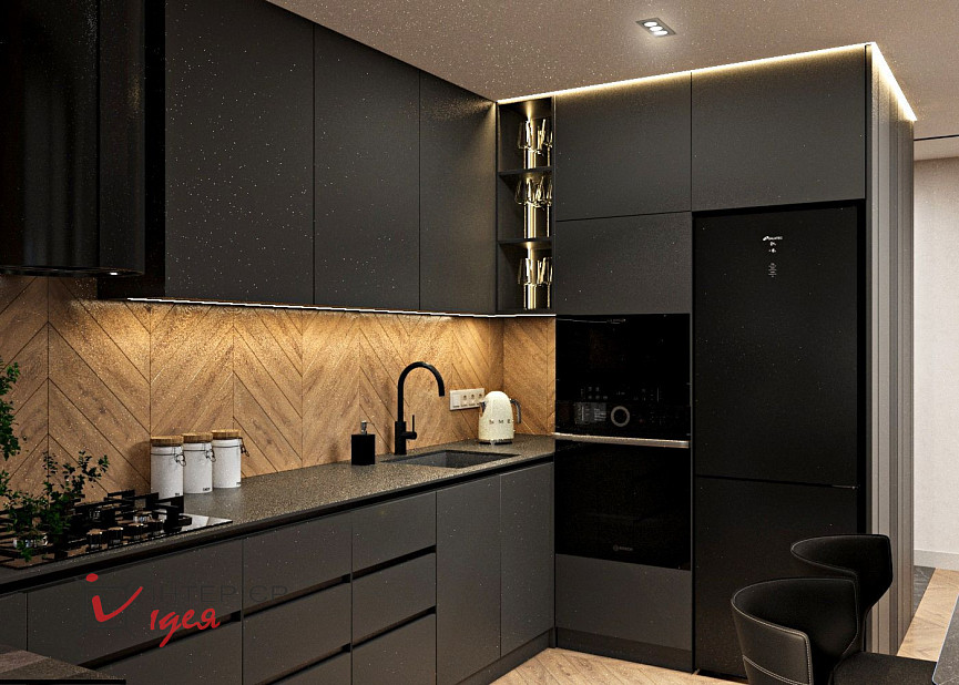 Контрастная кухня-гостиная в стиле контемпорари