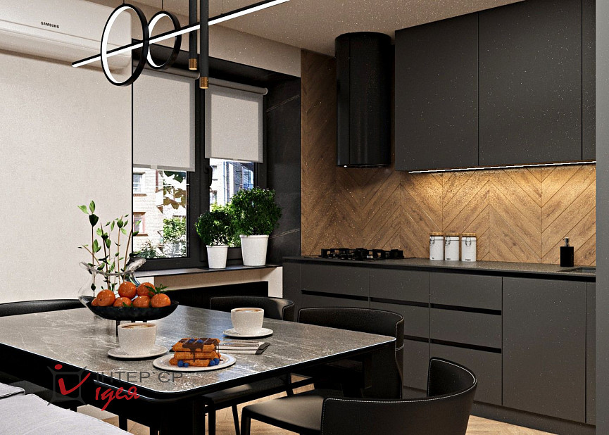 Контрастная кухня-гостиная в стиле контемпорари