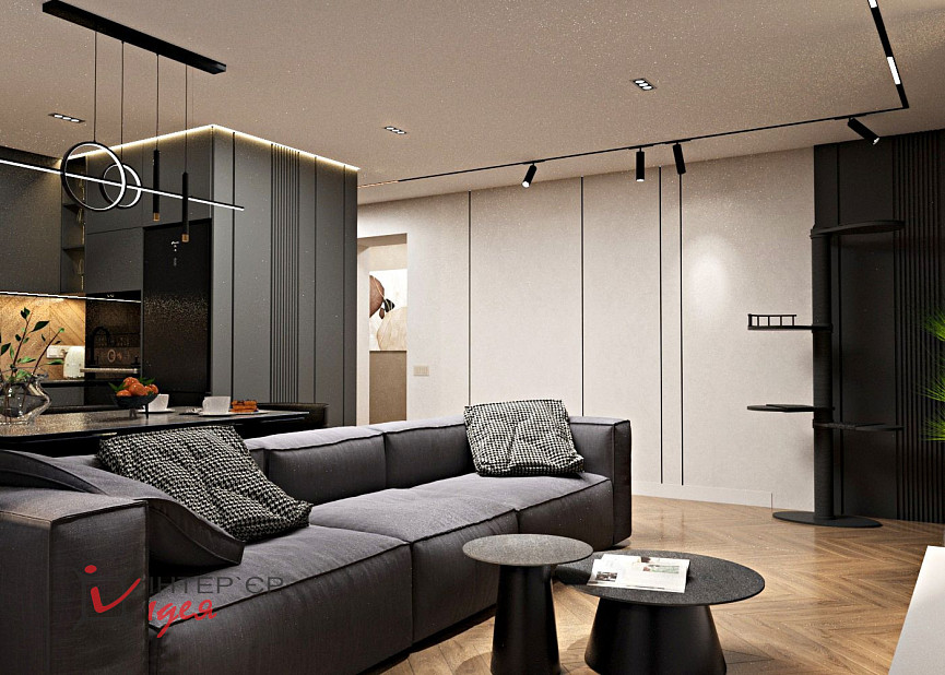 Контрастная кухня-гостиная в стиле контемпорари