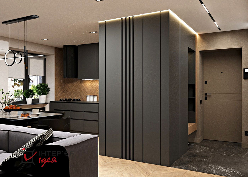 Контрастная кухня-гостиная в стиле контемпорари