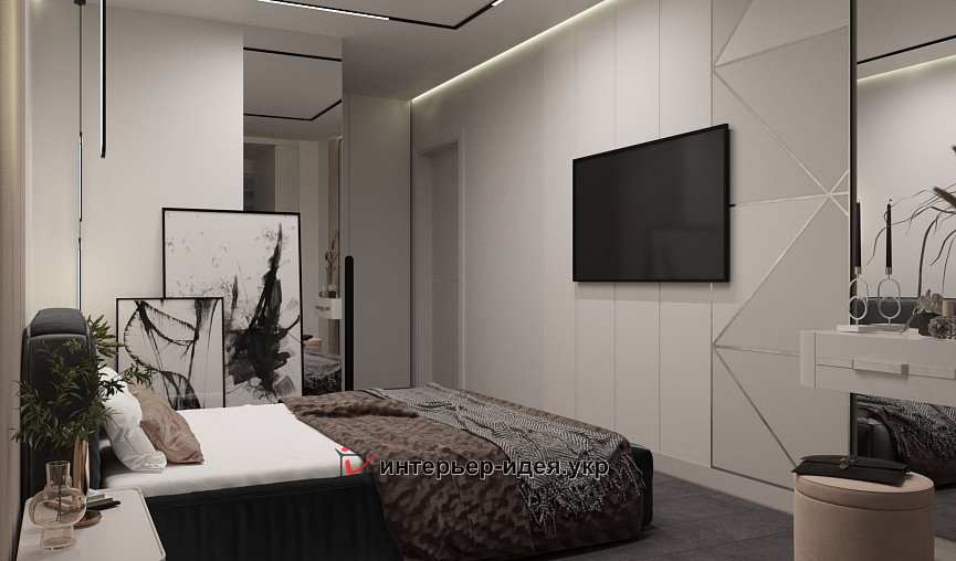 Дизайн спальни «Темный серый в объятиях нежности»