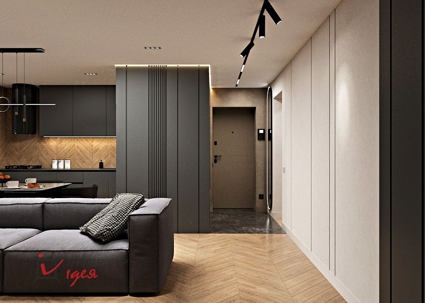 Контрастная кухня-гостиная в стиле контемпорари