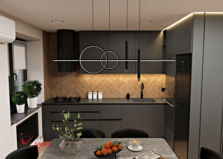 Контрастная кухня-гостиная в стиле контемпорари