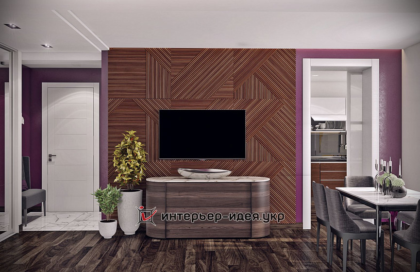 Дизайн гостиной, где умело сочетаются фиолетовый и серый цвет