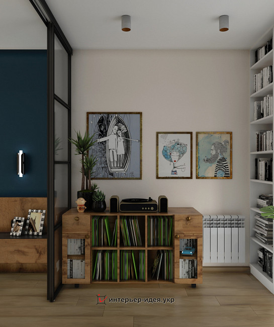 Современный интерьер спальни-кабинета с ретро нотками