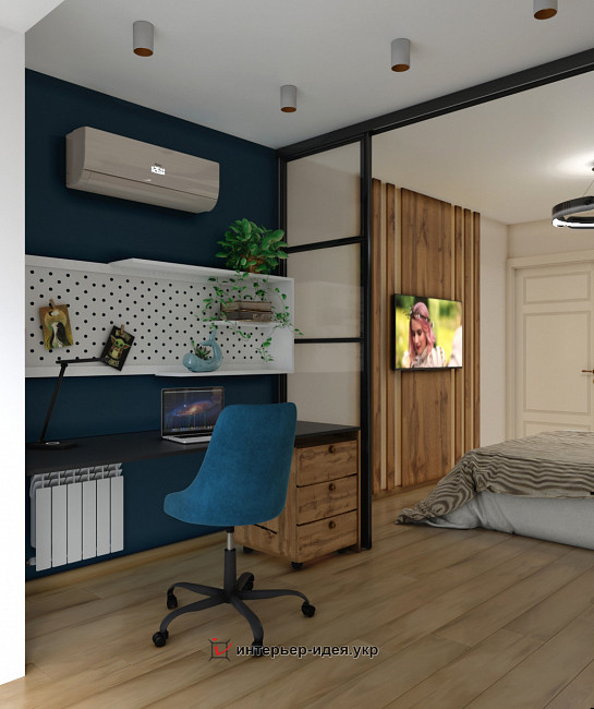 Современный интерьер спальни-кабинета с ретро нотками
