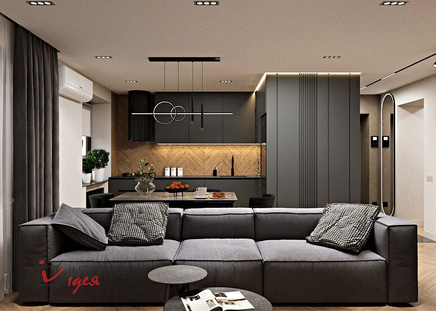 Контрастная кухня-гостиная в стиле контемпорари