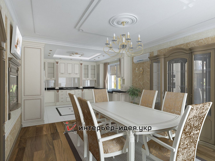 Дизайн кухни и столовой зоны в классическом стиле