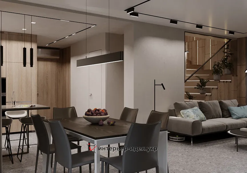 Вдали от суеты. Уютная кухня-гостиная в почти минималистичном стиле