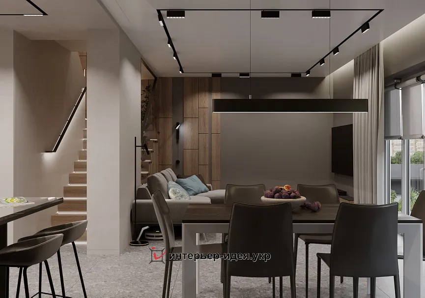 Вдали от суеты. Уютная кухня-гостиная в почти минималистичном стиле