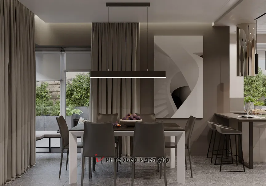 Вдали от суеты. Уютная кухня-гостиная в почти минималистичном стиле