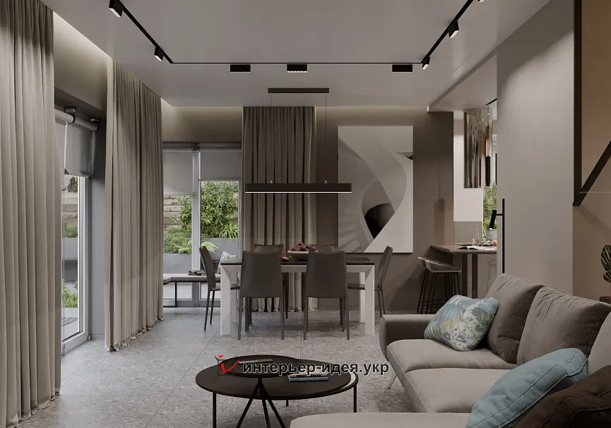 Вдали от суеты. Уютная кухня-гостиная в почти минималистичном стиле