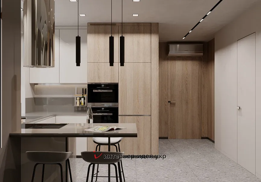 Вдали от суеты. Уютная кухня-гостиная в почти минималистичном стиле