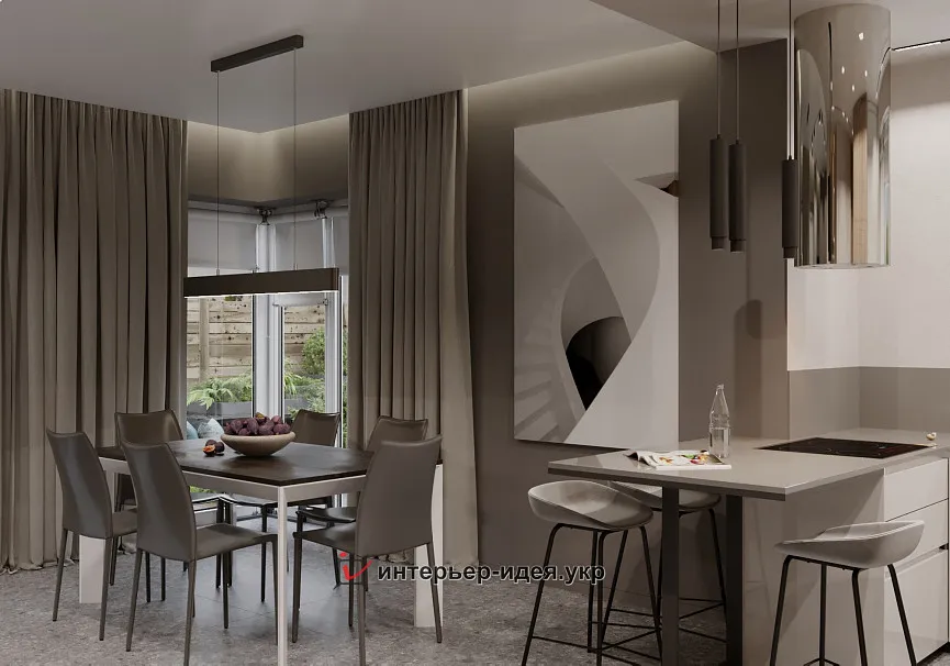 Вдали от суеты. Уютная кухня-гостиная в почти минималистичном стиле