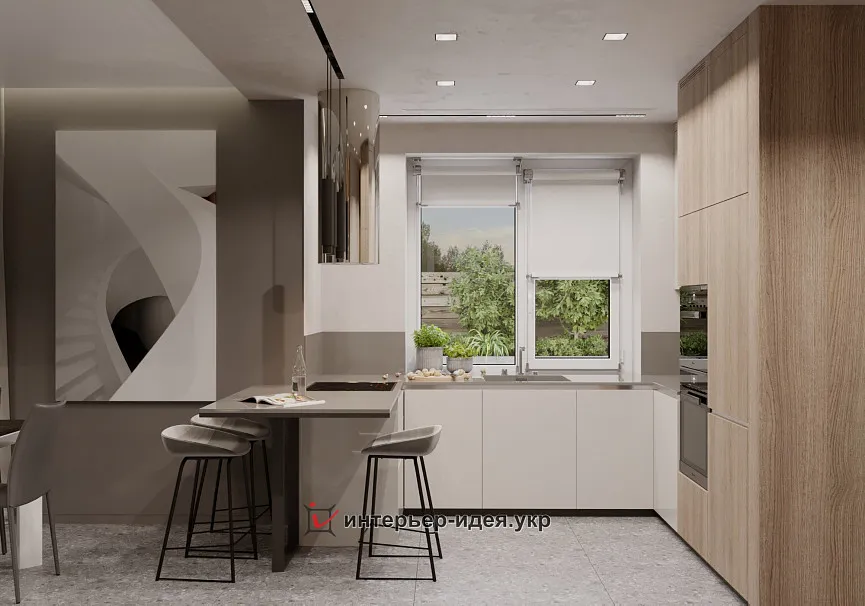 Вдали от суеты. Уютная кухня-гостиная в почти минималистичном стиле