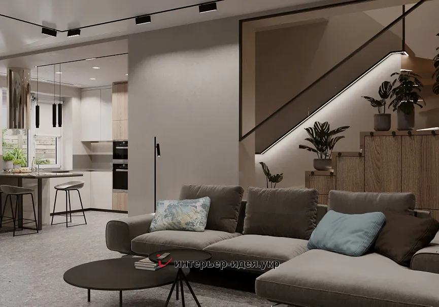 Вдали от суеты. Уютная кухня-гостиная в почти минималистичном стиле