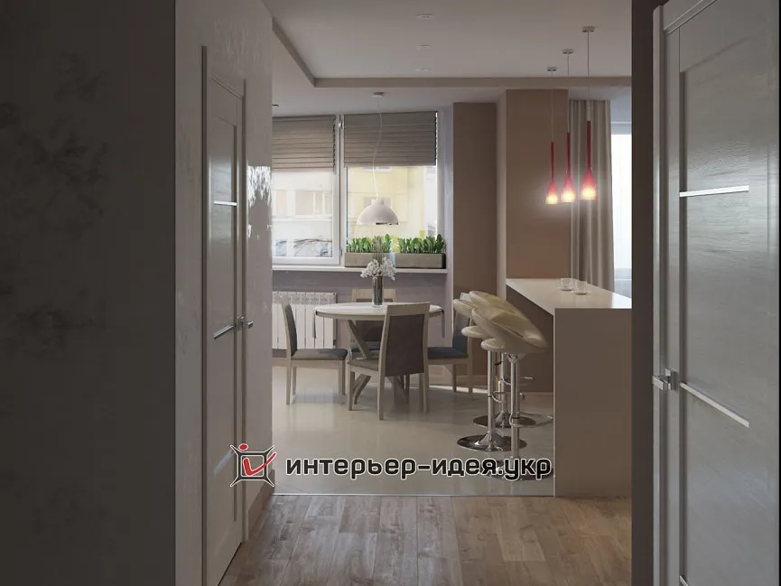 Дизайн студии в теплых светлых тонах с акцентами алого