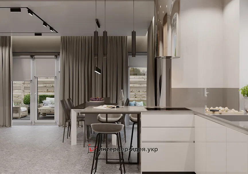 Вдали от суеты. Уютная кухня-гостиная в почти минималистичном стиле