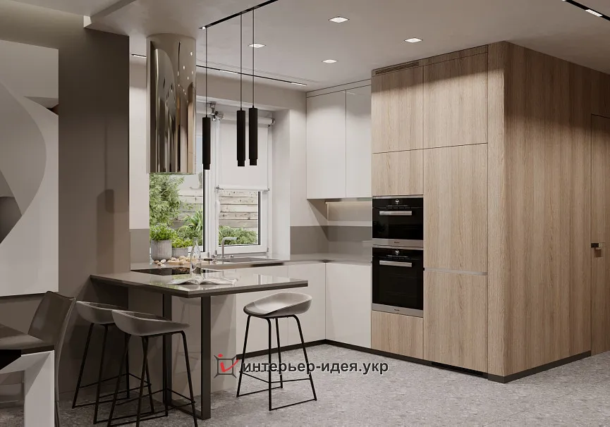 Вдали от суеты. Уютная кухня-гостиная в почти минималистичном стиле