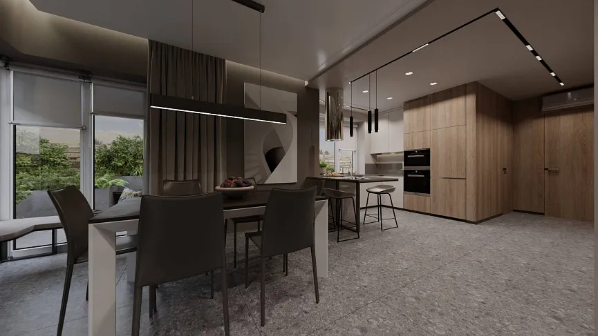 Вдали от суеты. Уютная кухня-гостиная в почти минималистичном стиле