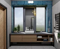 Стильный санузел в серых тонах с синим акцентом для полицейского участка. Дизайн ВАННОЙ КОМНАТЫ