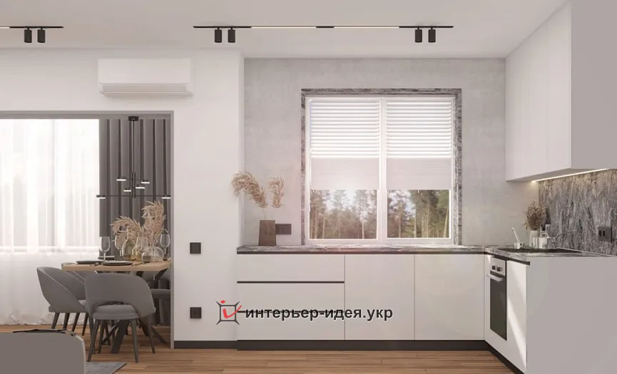 Кухня-гостиная в минималистичном стиле с элементами лофта