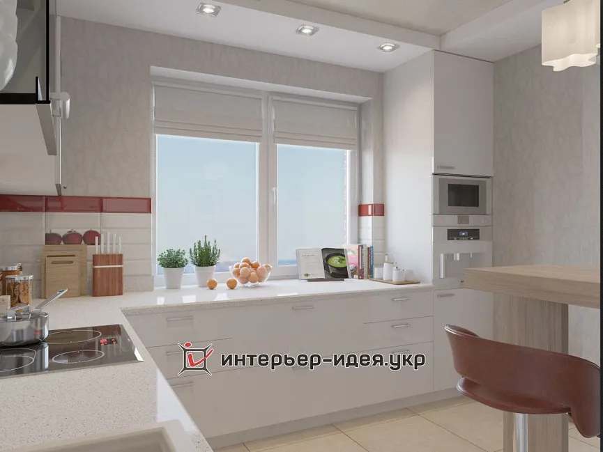 Дизайн кухни белого цвета с клубничным декором