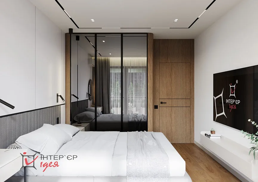 Современный минимализм в спальне 14 м2 с террасой