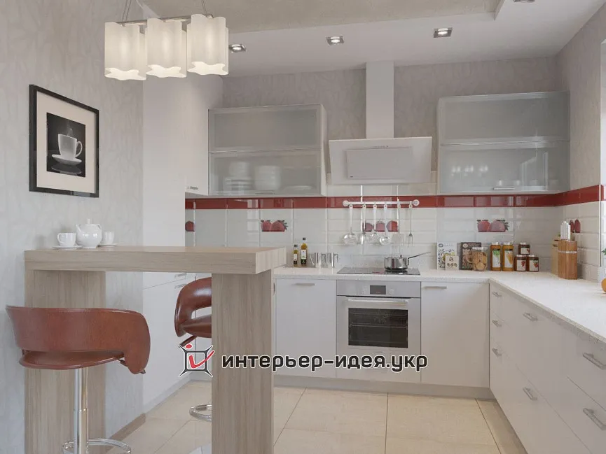 Дизайн кухни белого цвета с клубничным декором