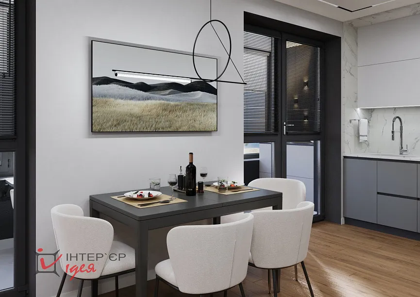 Современный минимализм в кухне-студии 28 м2, с балконом