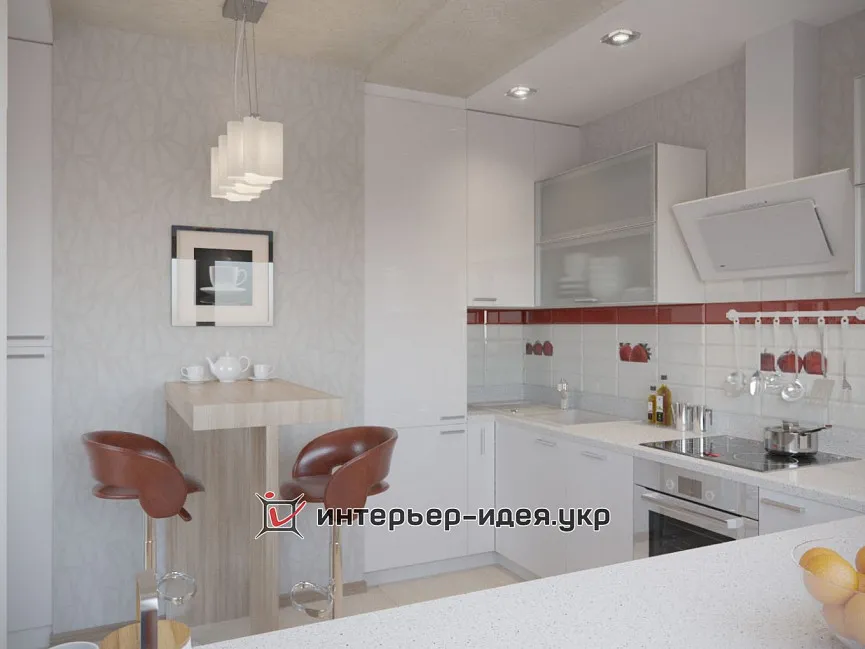 Дизайн кухни белого цвета с клубничным декором