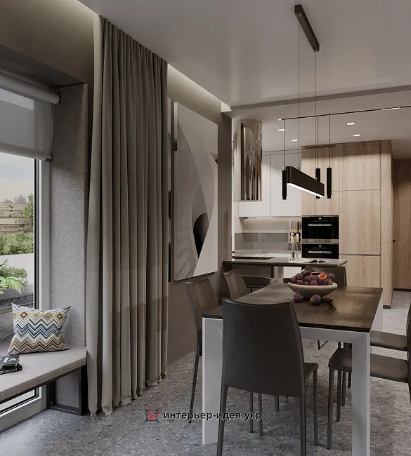 Вдали от суеты. Уютная кухня-гостиная в почти минималистичном стиле